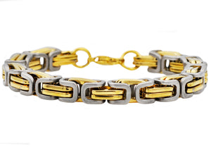Mens Two Tone Gold Stainless Steel Byzantine Link Chain Bracelet - Blackjack Jewelry