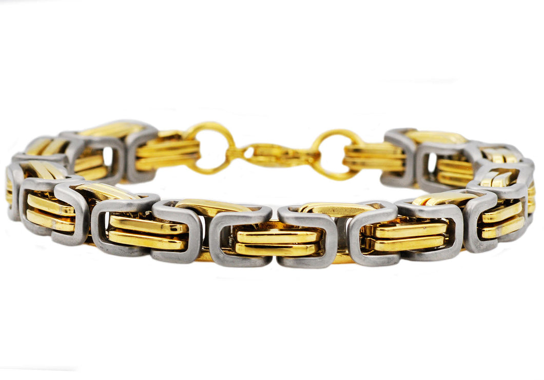 Mens Two Tone Gold Stainless Steel Byzantine Link Chain Bracelet - Blackjack Jewelry