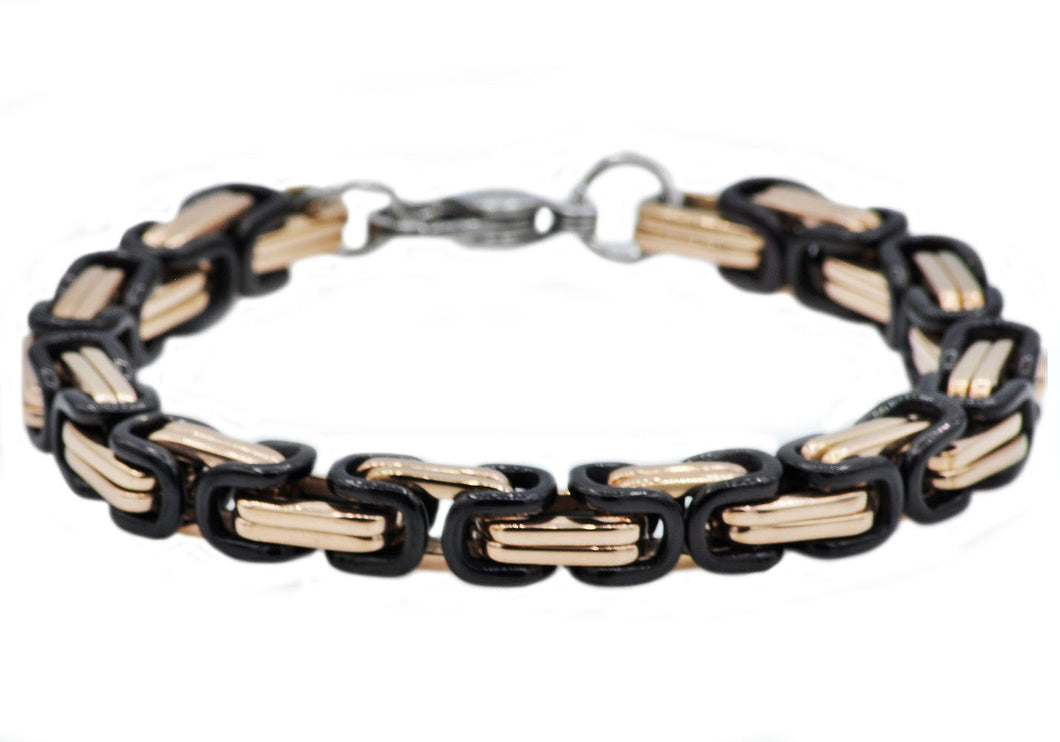 Mens Rose And Black Stainless Steel Byzantine Link Chain Bracelet - Blackjack Jewelry