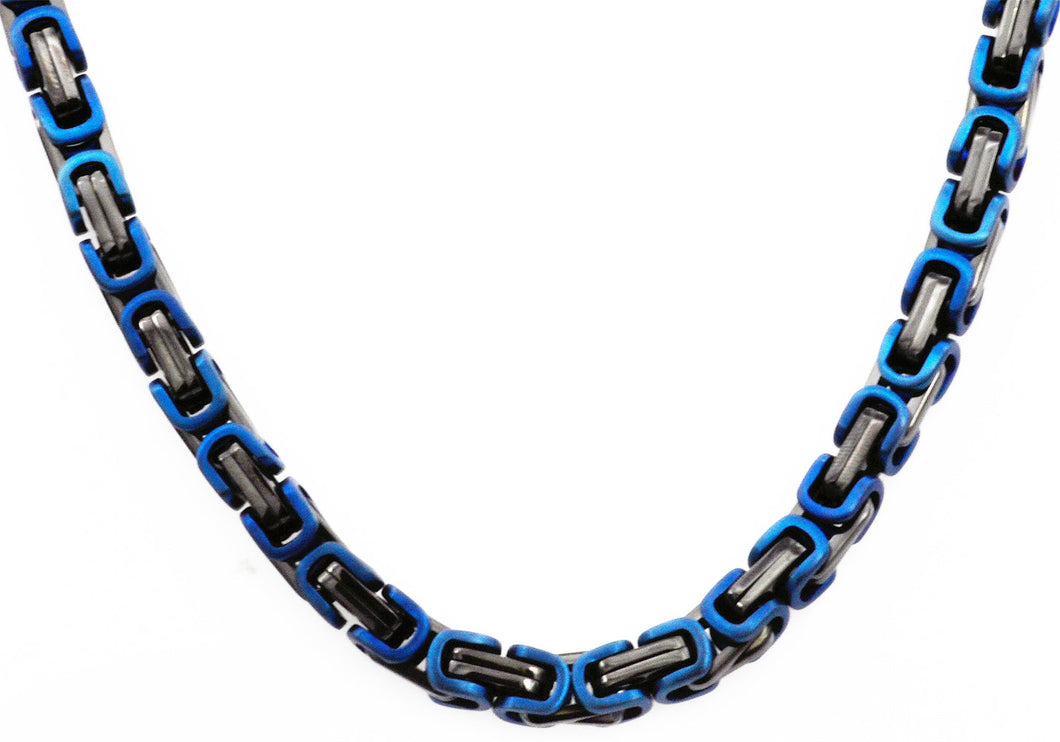 Mens Black And Blue Stainless Steel Byzantine Link Chain Necklace - Blackjack Jewelry