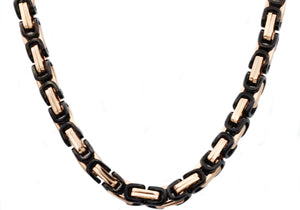 Mens Rose And Black Stainless Steel Byzantine Link Chain Necklace - Blackjack Jewelry