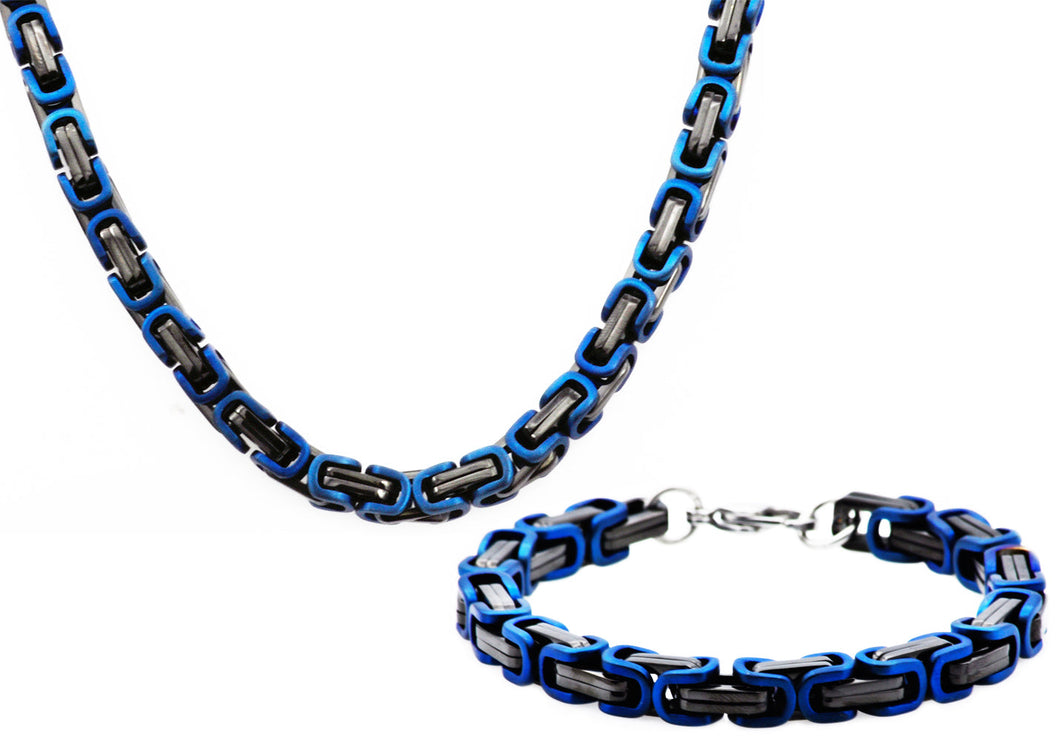 Mens Black And Blue Stainless Steel Byzantine Link Chain Set - Blackjack Jewelry