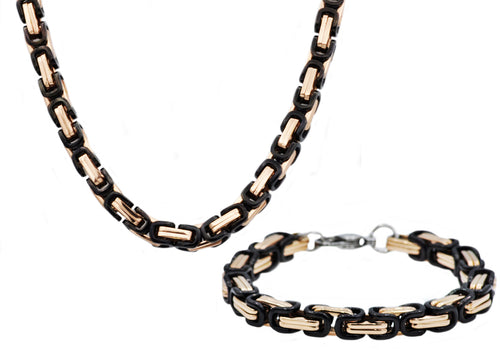 Mens Rose And Black Stainless Steel Byzantine Link Chain Set - Blackjack Jewelry