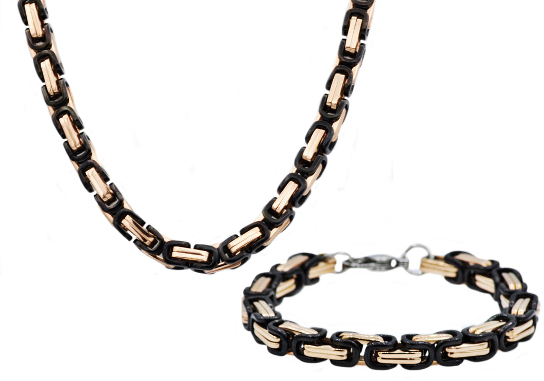 Mens Rose And Black Stainless Steel Byzantine Link Chain Set - Blackjack Jewelry