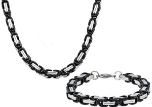 Mens Black Stainless Steel Byzantine Link Chain Set - Blackjack Jewelry