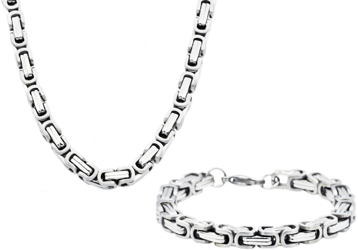 Mens Stainless Steel Byzantine Link Chain Set
