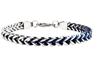 Mens Two Tone Blue Stainless Steel Franco Link Chain Bracelet