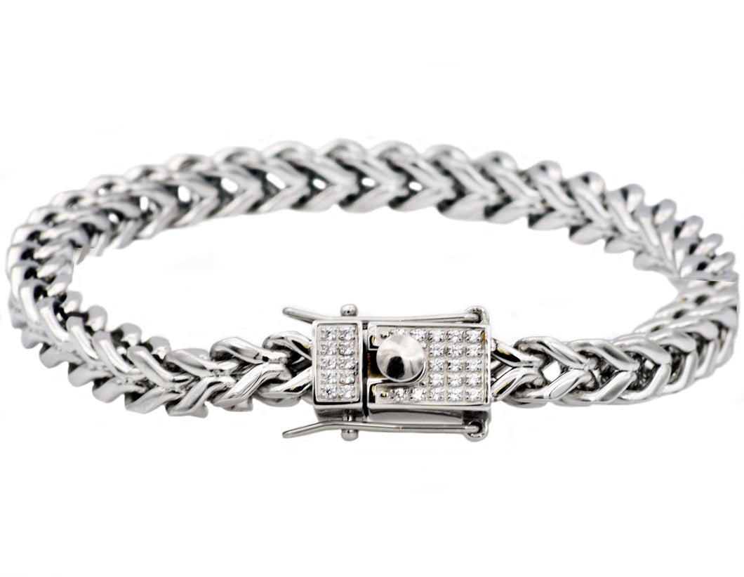 Mens Stainless Steel Franco Link Chain Bracelet With Cubic Zirconia Box Clasp - Blackjack Jewelry