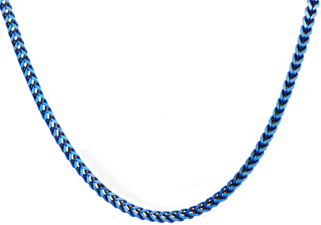 Mens 4mm Blue Stainless Steel Franco Link Chain Necklace - Blackjack Jewelry