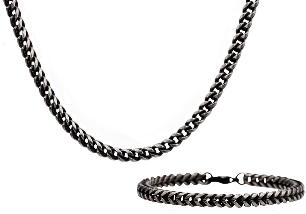 Mens Antique Plated Stainless Steel Franco Link Chain Set - Blackjack Jewelry