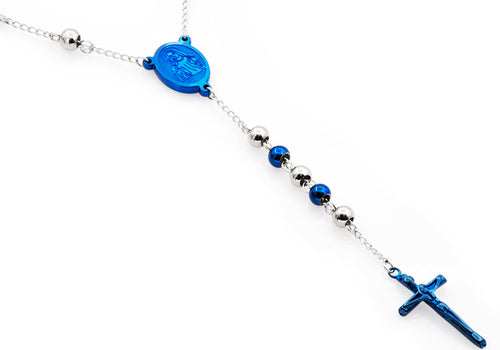Mens Blue Stainless Steel Rosary - Blackjack Jewelry