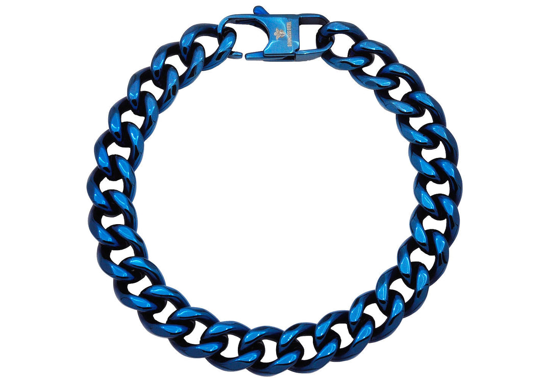 Mens 10mm Blue Plated Stainless Steel Cuban Link Chain Bracelet
