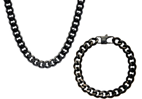 Mens 10mm Black Stainless Steel Curb Link Chain Set - Blackjack Jewelry