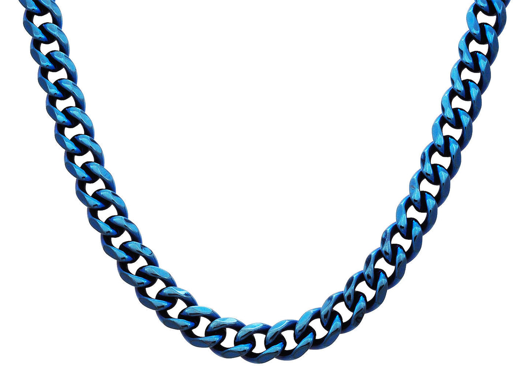 Mens 10mm Blue Stainless Steel Curb Link Chain Necklace