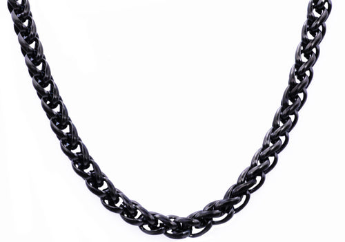 Mens 8mm Black Plated Stainless Steel Wheat Link Chain Necklace - Blackjack Jewelry