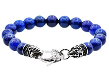 Load image into Gallery viewer, Mens Genuine Blue Agate Stainless Steel Beaded Bracelet With Black Cubic Zirconia - Blackjack Jewelry
