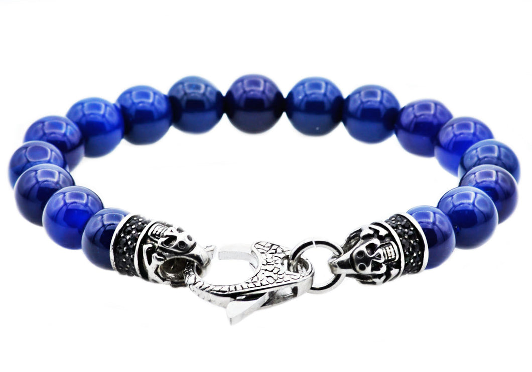 Mens Genuine Blue Agate Stainless Steel Beaded Bracelet With Black Cubic Zirconia - Blackjack Jewelry