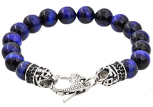 Load image into Gallery viewer, Mens Genuine Blue Tiger Eye Stainless Steel Beaded Bracelet With Black Cubic Zirconia - Blackjack Jewelry

