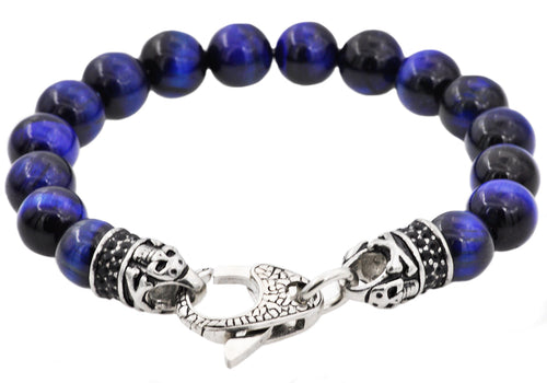 Mens Genuine Blue Tiger Eye Stainless Steel Beaded Bracelet With Black Cubic Zirconia - Blackjack Jewelry