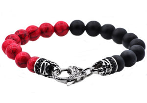 Mens Genuine Onyx And Red Fossil Stone Stainless Steel Beaded Bracelet With Cubic Zirconia - Blackjack Jewelry