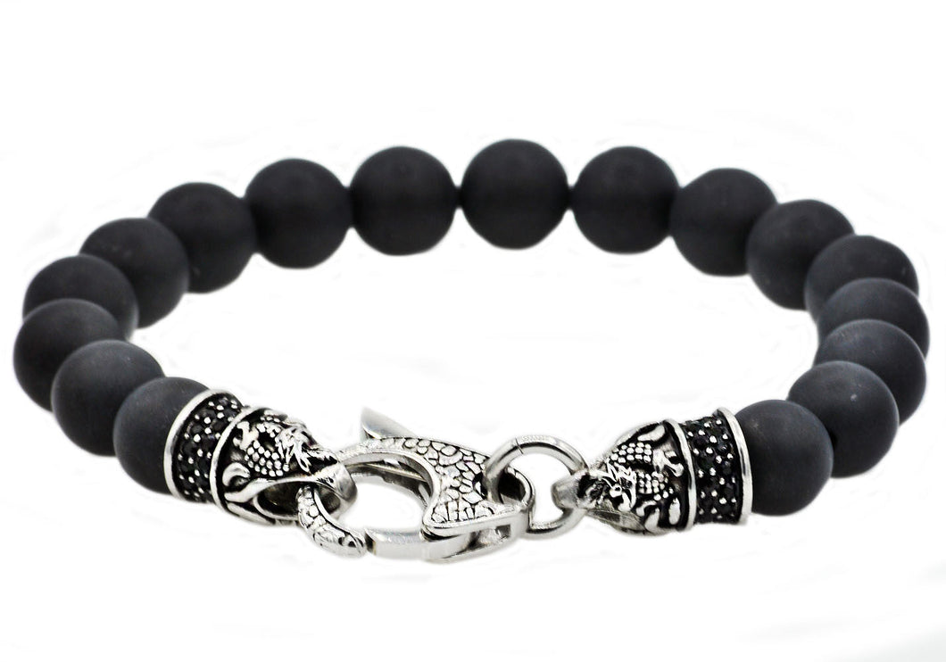 Mens Genuine Onyx Stainless Steel Beaded Bracelet With Black Cubic Zirconia - Blackjack Jewelry