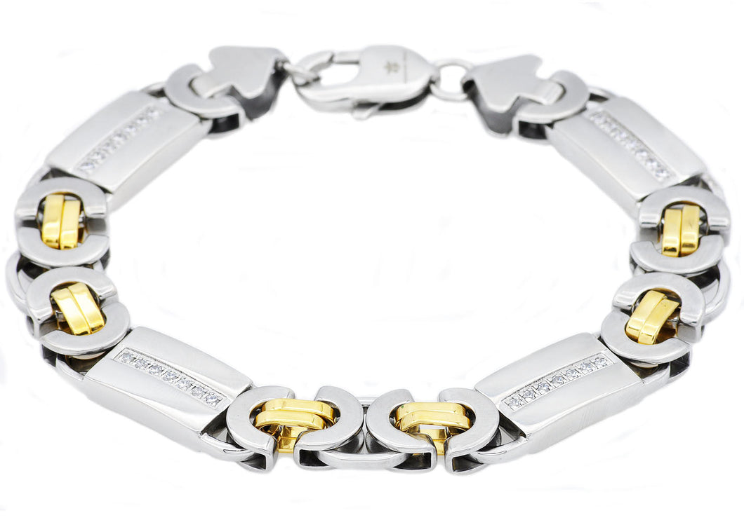 Mens Gold Stainless Steel Flat Byzantine Link Chain Bracelet With Cubic Zirconia - Blackjack Jewelry