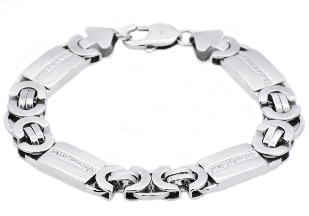 Mens Stainless Steel Flat Byzantine Link Chain Bracelet With Cubic Zirconia - Blackjack Jewelry