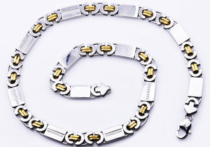 Mens Gold Stainless Steel Flat Byzantine Link Chain Necklace With Cubic Zirconia - Blackjack Jewelry