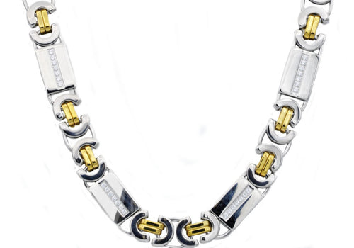 Mens Gold Stainless Steel Flat Byzantine Link Chain Necklace With Cubic Zirconia - Blackjack Jewelry