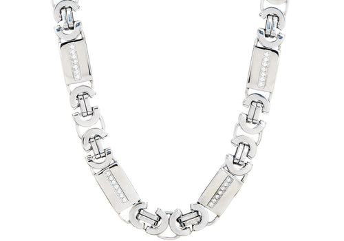 Mens Stainless Steel Flat Byzantine Link Chain Necklace With Cubic Zirconia - Blackjack Jewelry