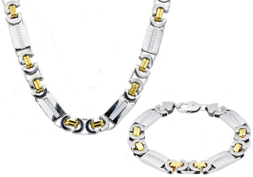 Mens Gold Stainless Steel Flat Byzantine Link Chain Set With Cubic Zirconia - Blackjack Jewelry