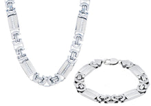 Load image into Gallery viewer, Mens Stainless Steel Flat Byzantine Link Chain Set With Cubic Zirconia - Blackjack Jewelry
