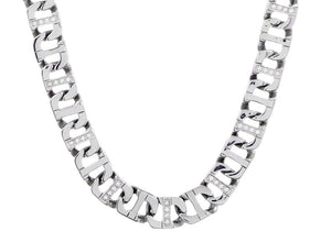 Mens Stainless Steel Anchor Link Chain Necklace With Cubic Zirconia - Blackjack Jewelry