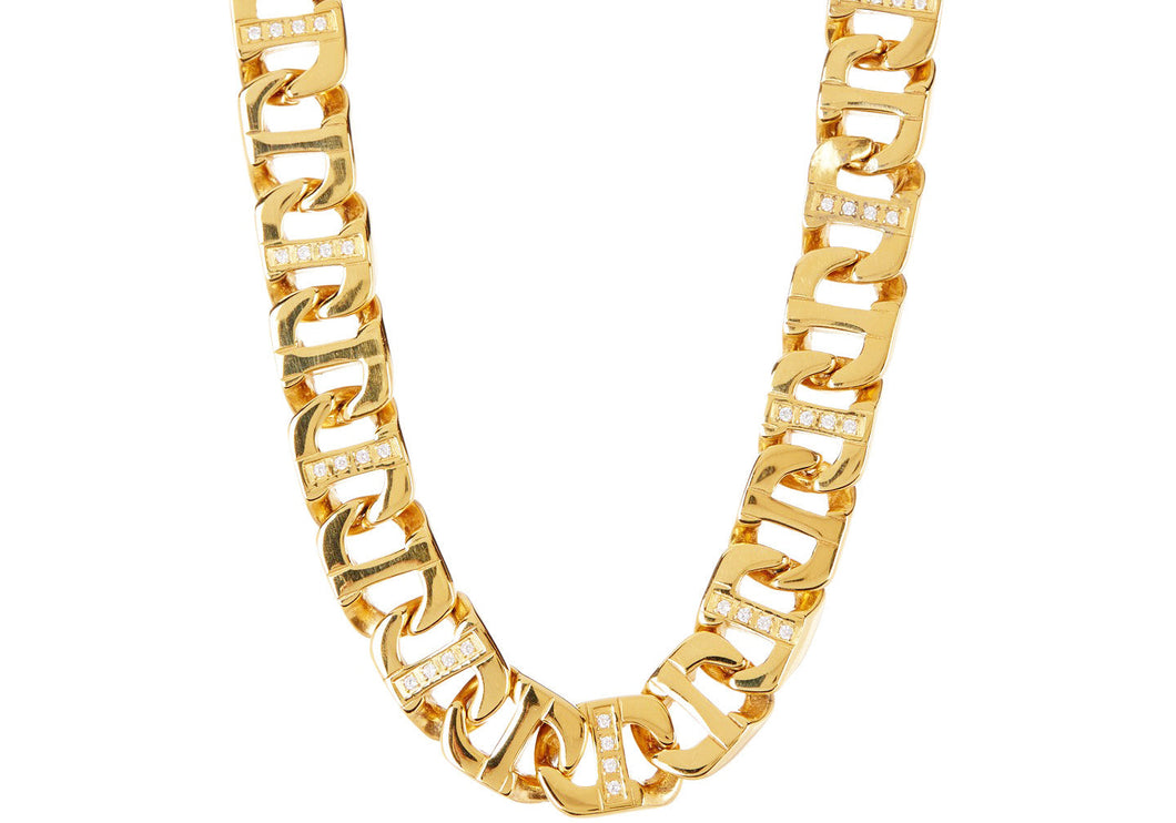 Mens Gold Stainless Steel Anchor Link Chain Necklace With Cubic Zirconia - Blackjack Jewelry