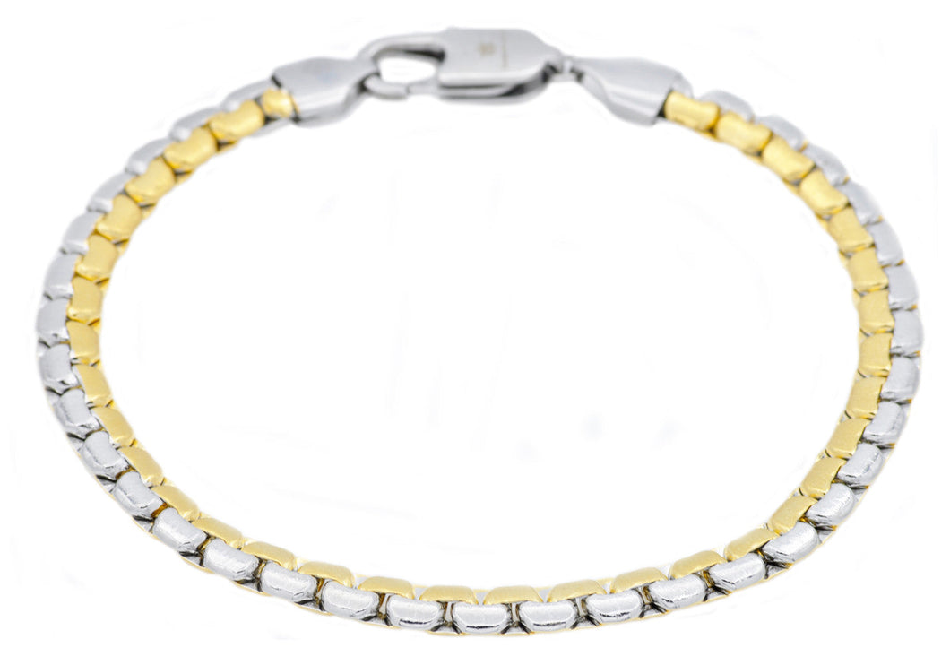 Mens Two tone Gold Stainless Steel Flat Box Link Chain Bracelet - Blackjack Jewelry