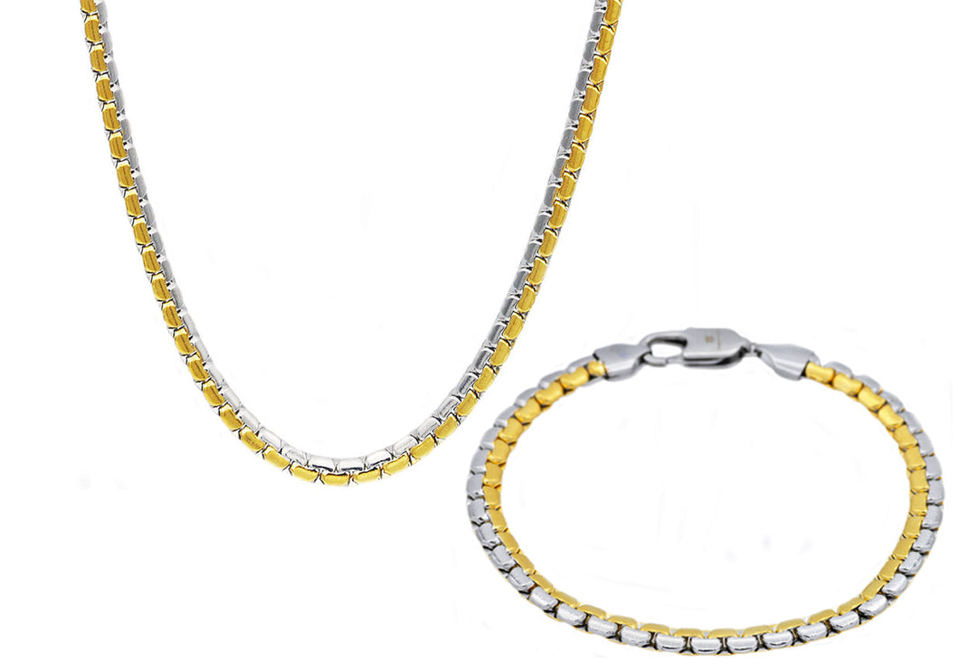 Mens Two Tone Gold Stainless Steel Flat Box Link Chain Set - Blackjack Jewelry