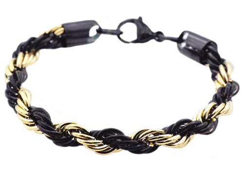 Mens Gold And Black Stainless Steel Rope Chain Bracelet - Blackjack Jewelry