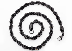 Mens Black Plated Stainless Steel Rope Chain Necklace - Blackjack Jewelry
