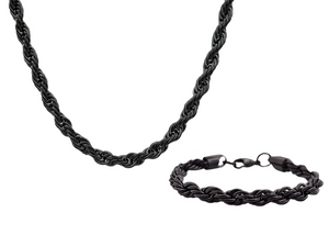 Mens Black Stainless Steel Rope Link Chain Set - Blackjack Jewelry