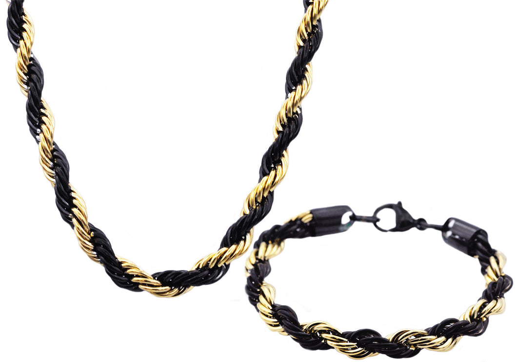 Mens Black And Gold Stainless Steel Rope Link Chain Set - Blackjack Jewelry
