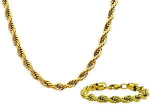 Mens Gold Stainless Steel Rope Link Chain Set - Blackjack Jewelry