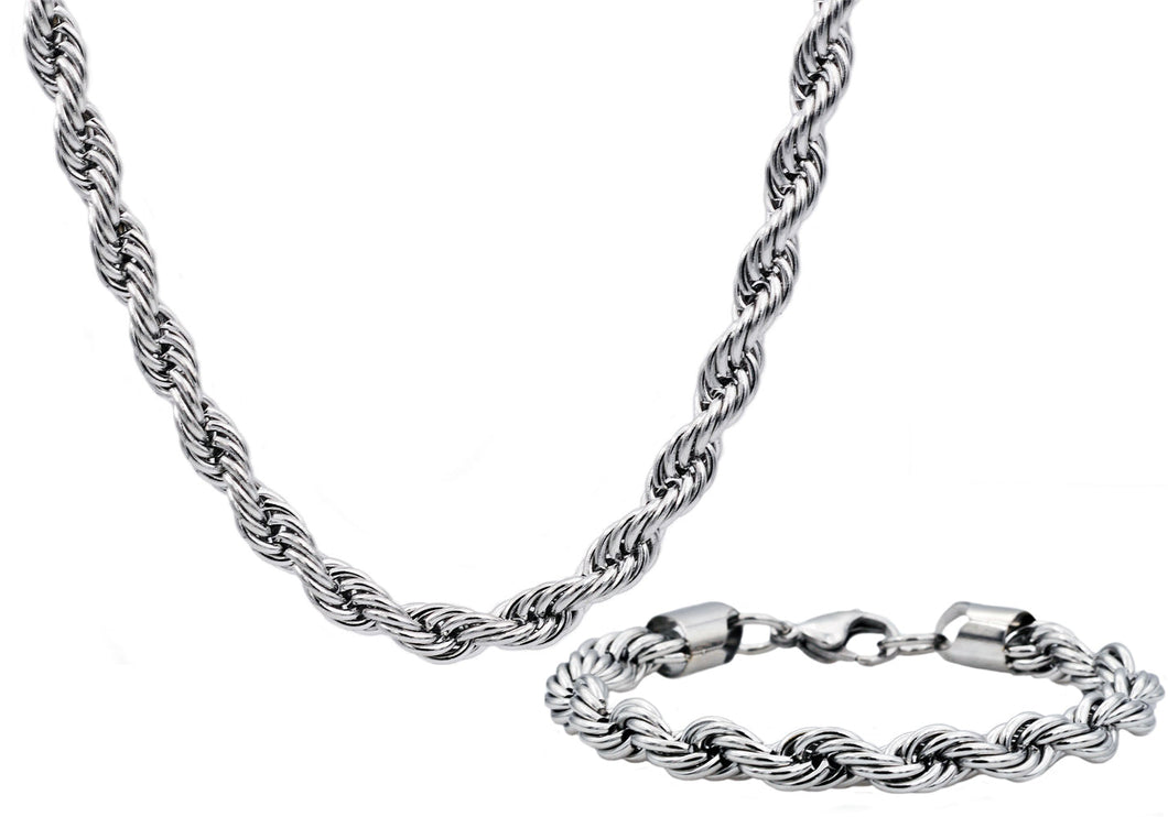Mens Stainless Steel Rope Link Chain Set - Blackjack Jewelry