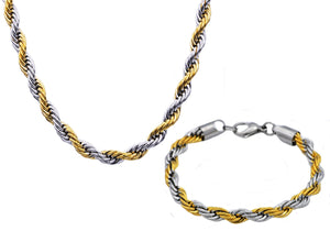 Mens Two Tone Gold Plated Stainless Steel Rope Link Chain Set - Blackjack Jewelry