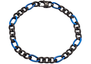 Mens Two-Toned Blue & Black Stainless Steel Figaro Link Chain Bracelet - Blackjack Jewelry