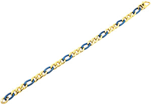 Mens Two-Toned Gold & Blue Stainless Steel Figaro Link Chain Bracelet - Blackjack Jewelry
