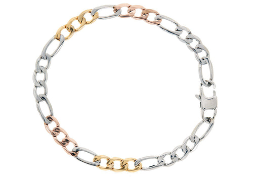 Mens Tricolor Rose and Yellow Gold Stainless Steel Figaro Link Chain Bracelet - Blackjack Jewelry