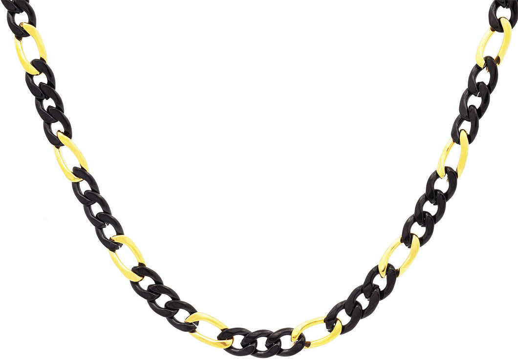 Mens Two-tone Black & Gold Stainless Steel Figaro Link Chain Necklace - Blackjack Jewelry