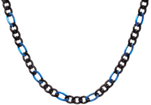 Mens Two-tone Black & Blue Stainless Steel Figaro Link Chain Necklace - Blackjack Jewelry