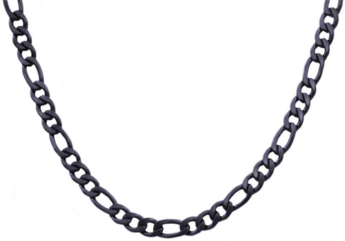 Mens Black Plated Stainless Steel Figaro Link Chain Necklace - Blackjack Jewelry