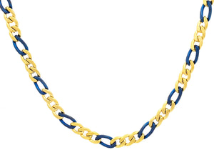 Mens Two-tone Blue & Gold Stainless Steel Figaro Link Chain Necklace - Blackjack Jewelry